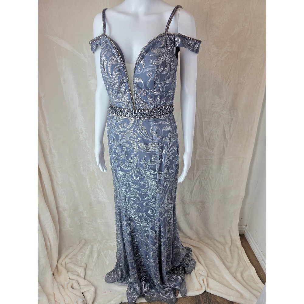 Grey Silver Glitter Lace Off Shoulder Prom Gown Dress Formal Size L